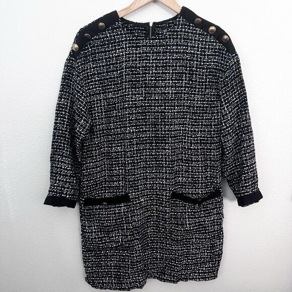 ZARA | TRF Collection Black White Tweed Shift Dress Gold Buttons Mini | Medium - Picture 7 of 16